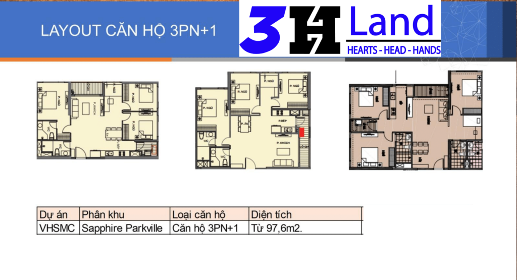 mặt bằng căn hộ 3 phòng ngủ +1 Vinhomes Smart City