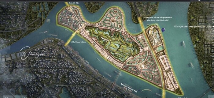 Sơ đồ mặt bằng tổng thể Vinhomes Royal Island trên nền ảnh vệ tinh