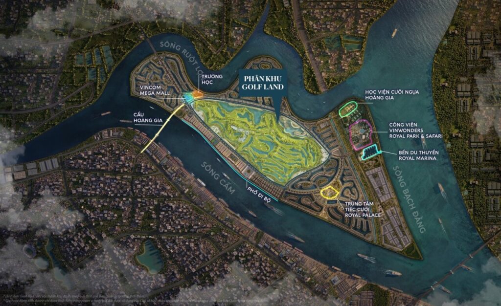 Bản đồ Vinhomes Royal Island trên đảo Vũ Yên, Hải Phòng: phân khu Golf Land, cầu Hoàng Gia và ba dòng sông bao quanh