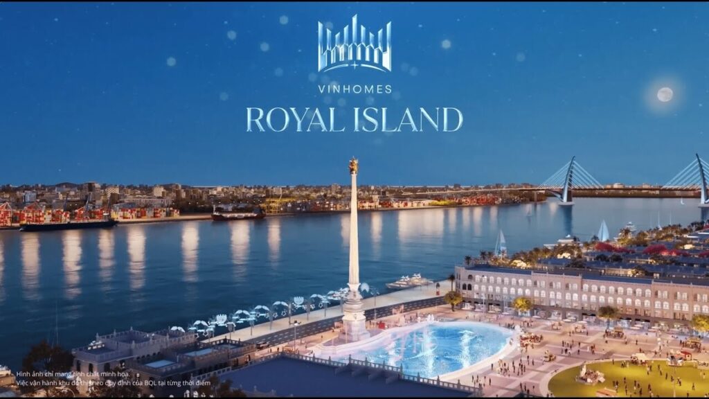 Phối cảnh Vinhomes Royal Island Vũ Yên về đêm bên sông, phía xa là cầu dây văng