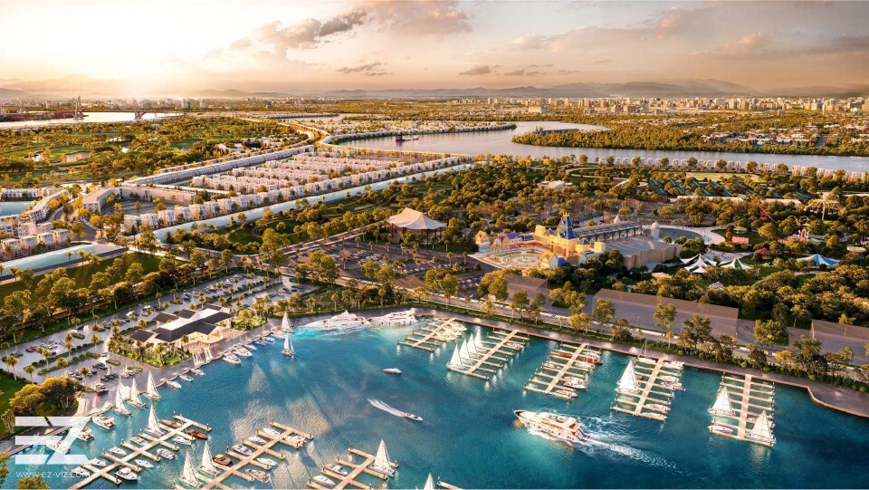 Phối cảnh bến du thuyền và khu tiện ích ven sông tại Vinhomes Royal Island