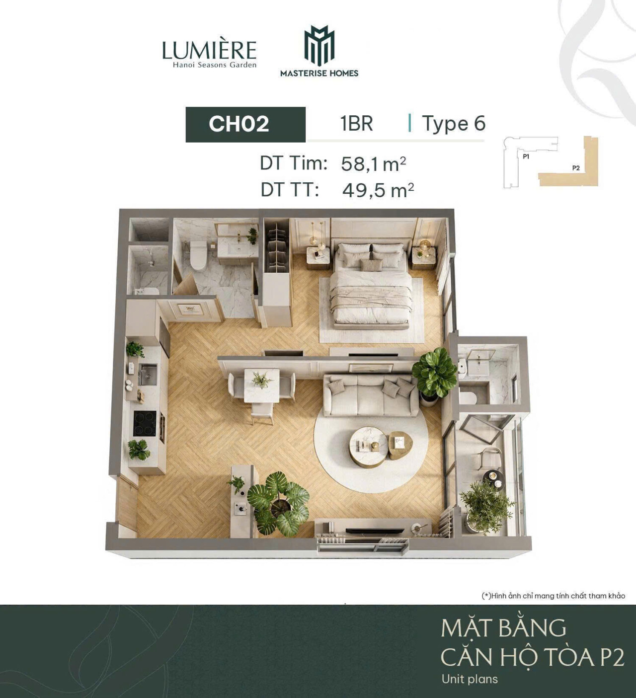 Layout bóc mái căn 1PN Type 6 — CH02 Toà P2 58,1 m² tim tường Masteri Cao Xà Lá