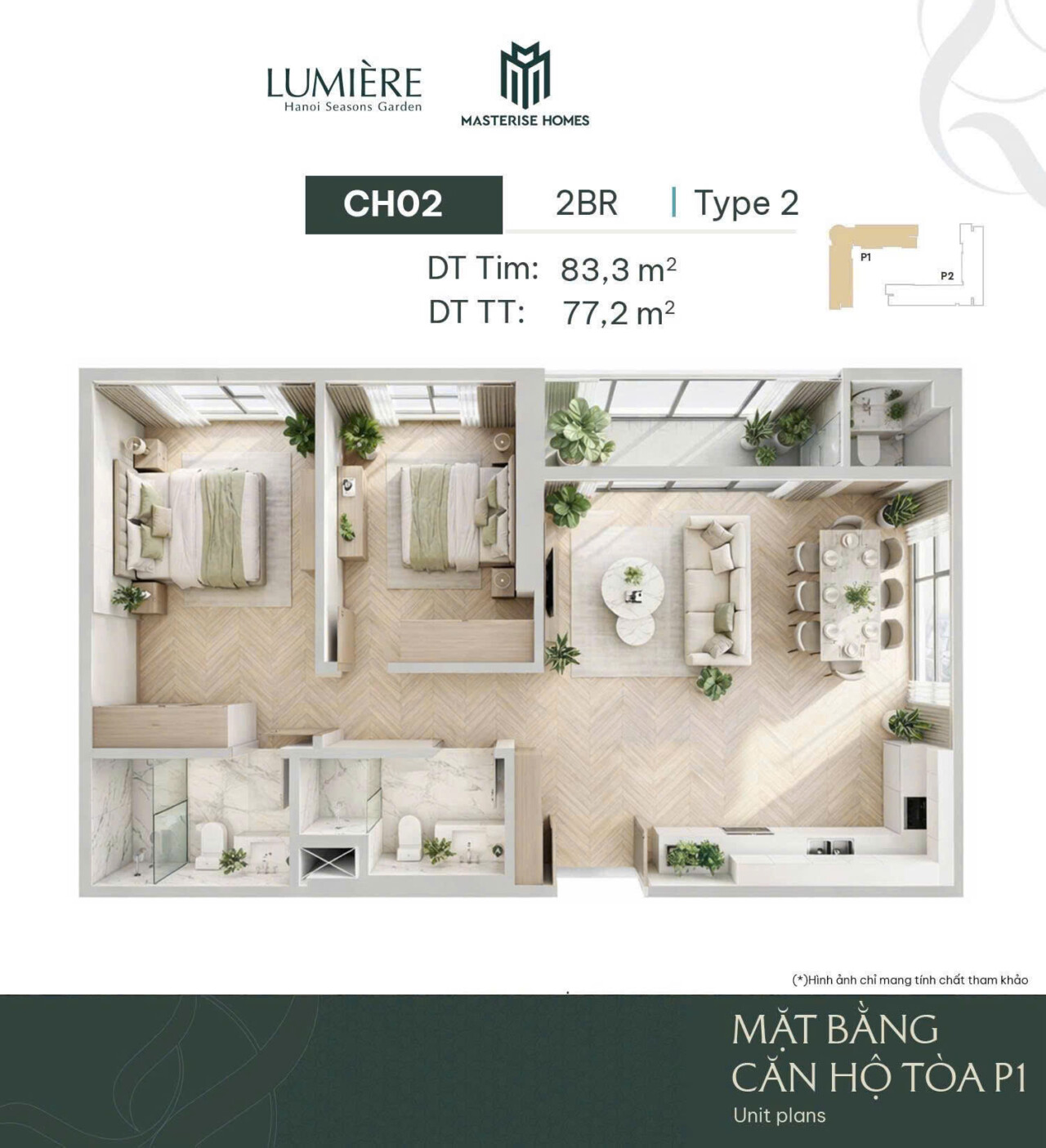 Layout bóc mái căn 2PN Type 2 — CH02 Toà P1 83,3 m² tim tường Masteri Cao Xà Lá