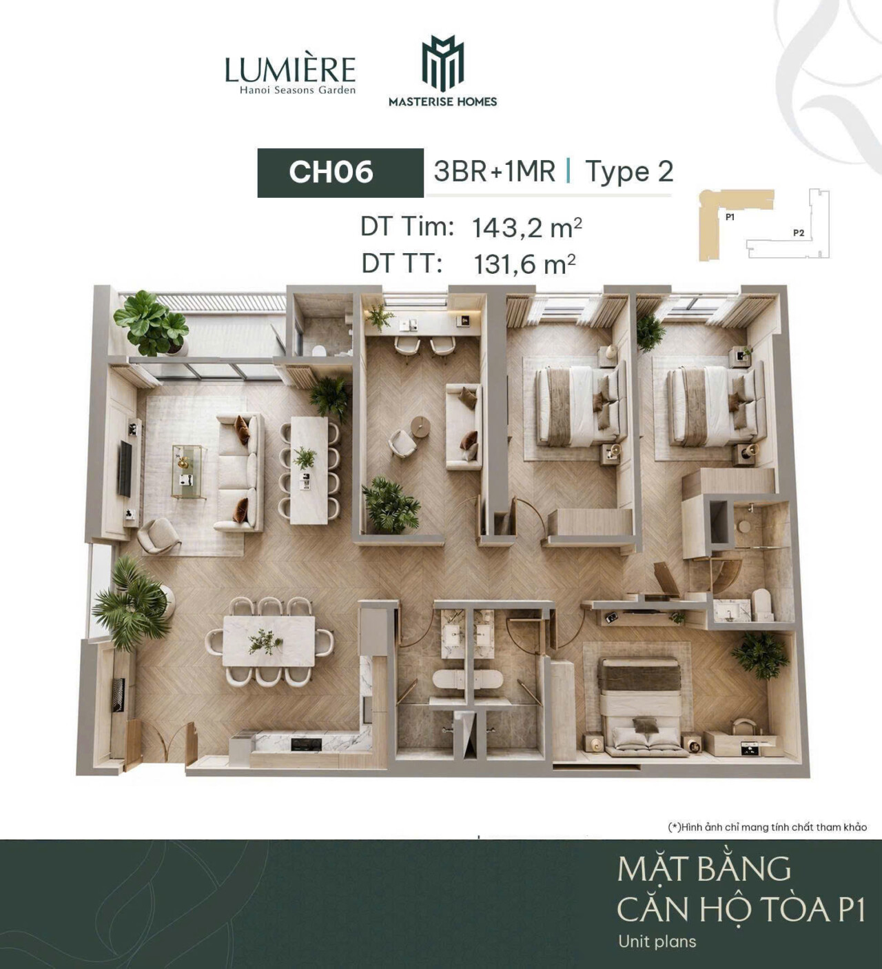 Layout bóc mái căn 3PN+1MR Type 2 — CH06 Toà P1 143,2 m² tim tường Masteri Cao Xà Lá