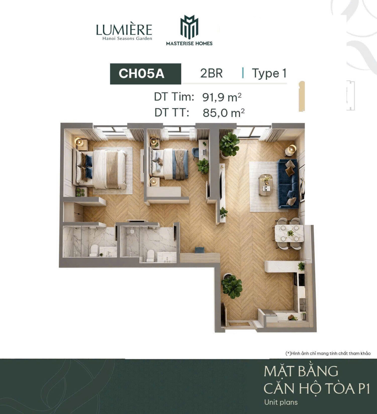 Layout bóc mái căn 2PN Type 1 — CH05A Toà P1 91,9 m² tim tường Masteri Cao Xà Lá