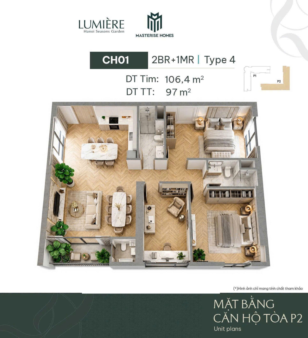 Layout bóc mái căn 2PN+1MR Type 4 — CH01 Toà P2 106,4 m² tim tường Masteri Cao Xà Lá
