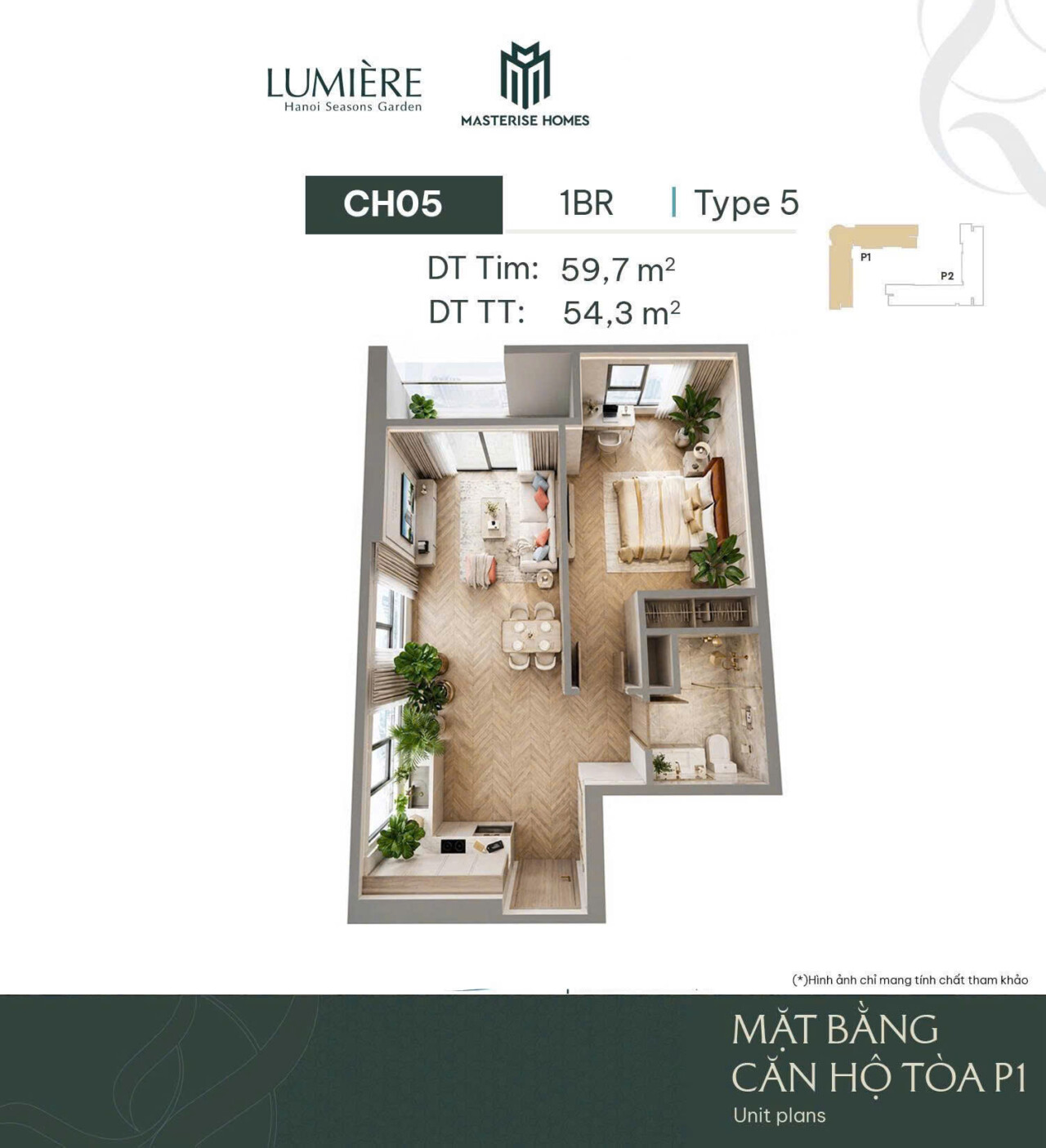 Layout bóc mái căn 1PN Type 5 — CH05 Toà P1 59,7 m² tim tường Masteri Cao Xà Lá