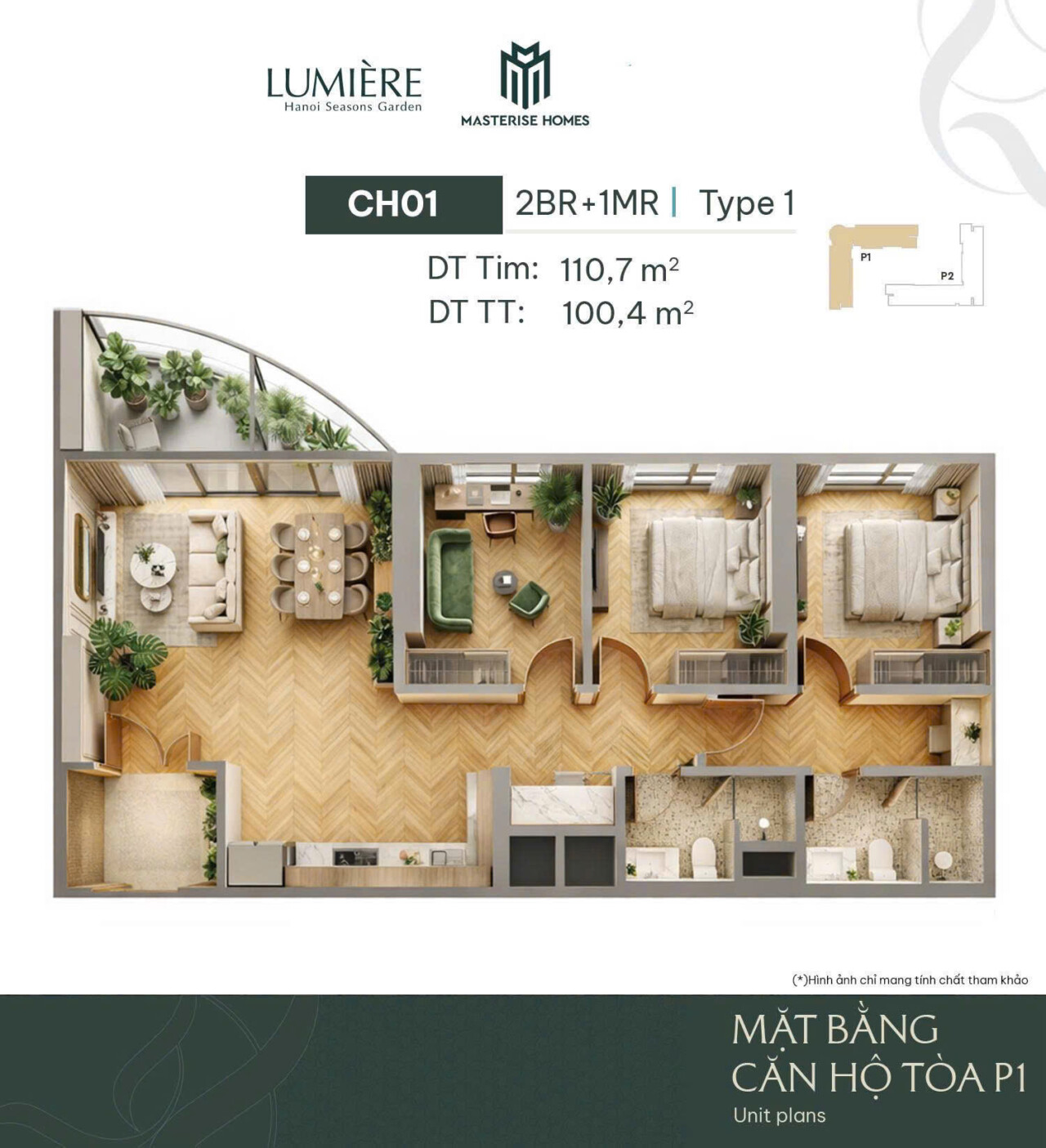 Layout bóc mái căn 2PN+1MR Type 1 — CH01 Toà P1 110,7 m² tim tường Masteri Cao Xà Lá