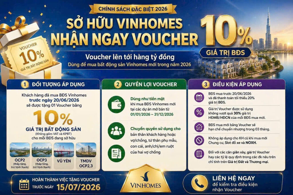 Infographic chính sách voucher Vinhomes 2026 tặng tới 10% giá trị BĐS cho khách đã mua