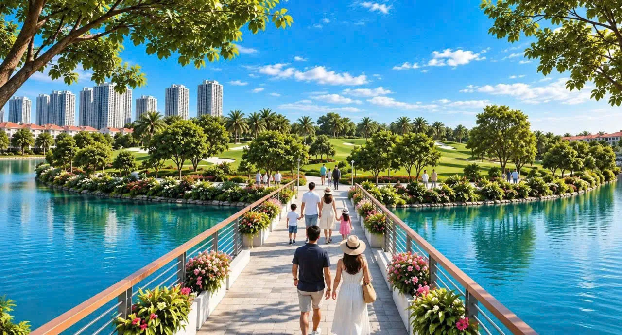 Phối cảnh minh họa khu bán đảo; thiết kế chính thức chưa được công bố. Phối cảnh cầu đi bộ qua mặt nước dẫn vào khu công viên bán đảo Hòa Long, Vinhomes King Park