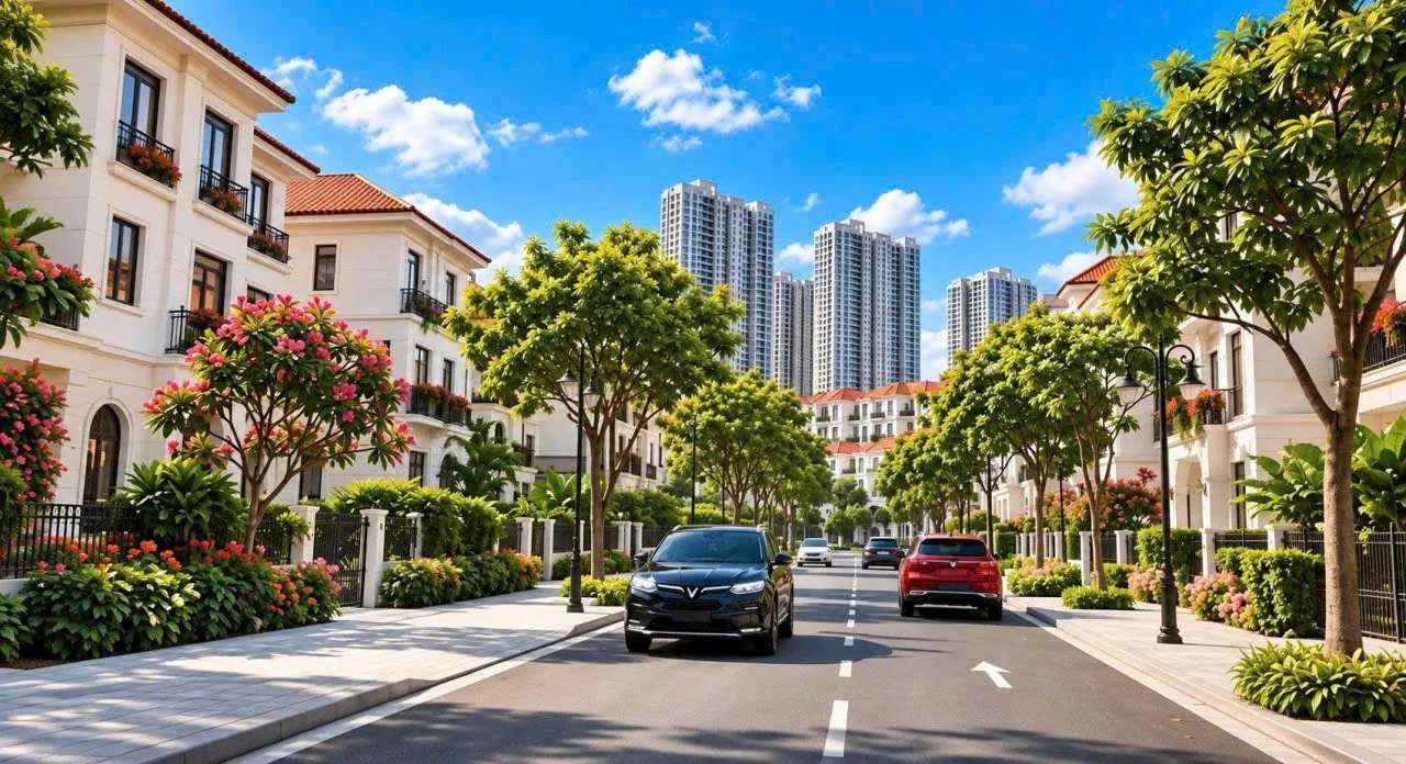 Phối cảnh minh họa; mẫu nhà thực tế theo thiết kế được duyệt Phối cảnh tuyến đường nội khu hai bên là biệt thự và cây xanh tại Vinhomes King Park