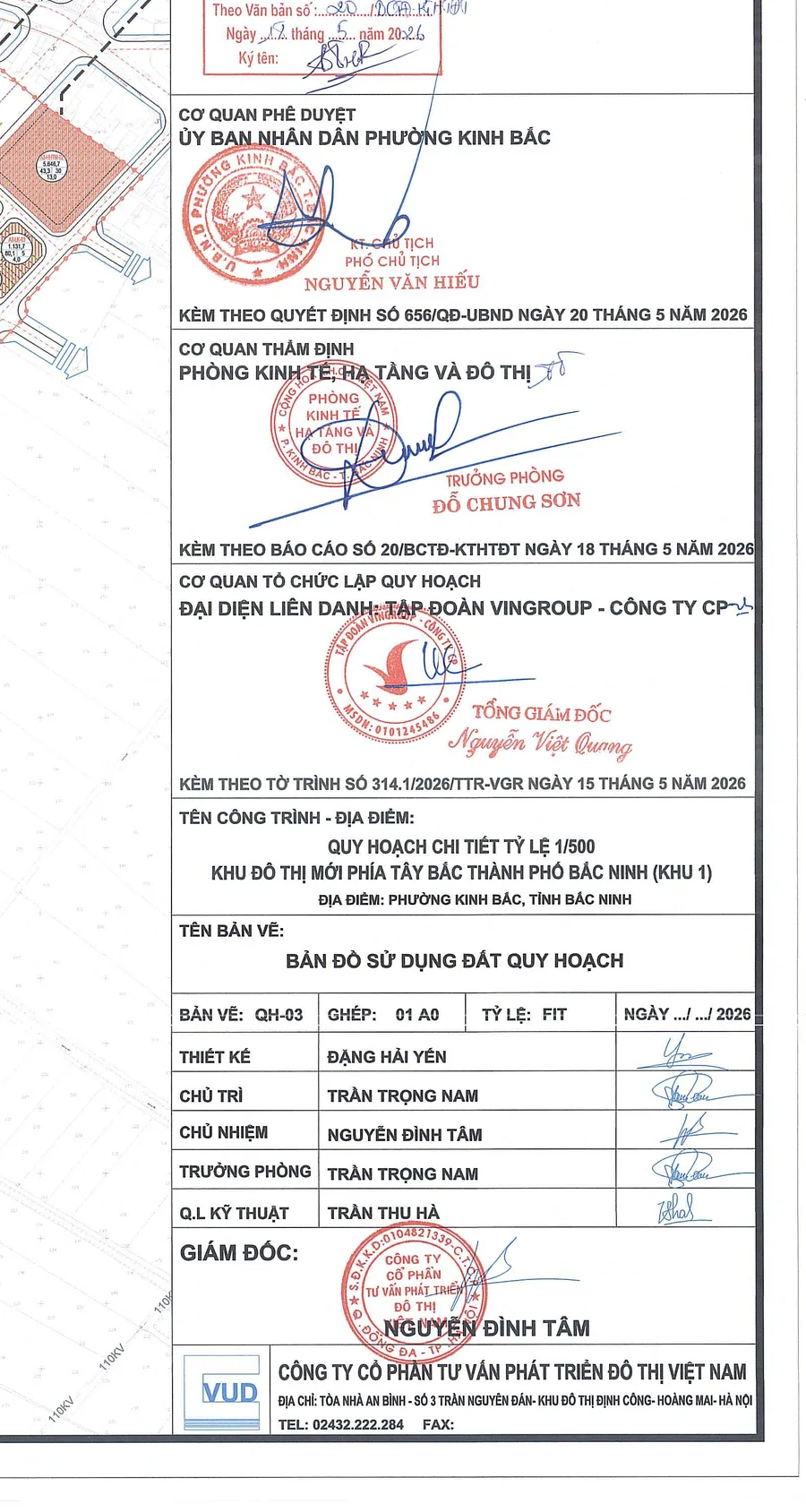 Khung tên bản vẽ QH-03 thể hiện Quyết định 656/QĐ-UBND phê duyệt quy hoạch 1/500 Vinhomes King Park