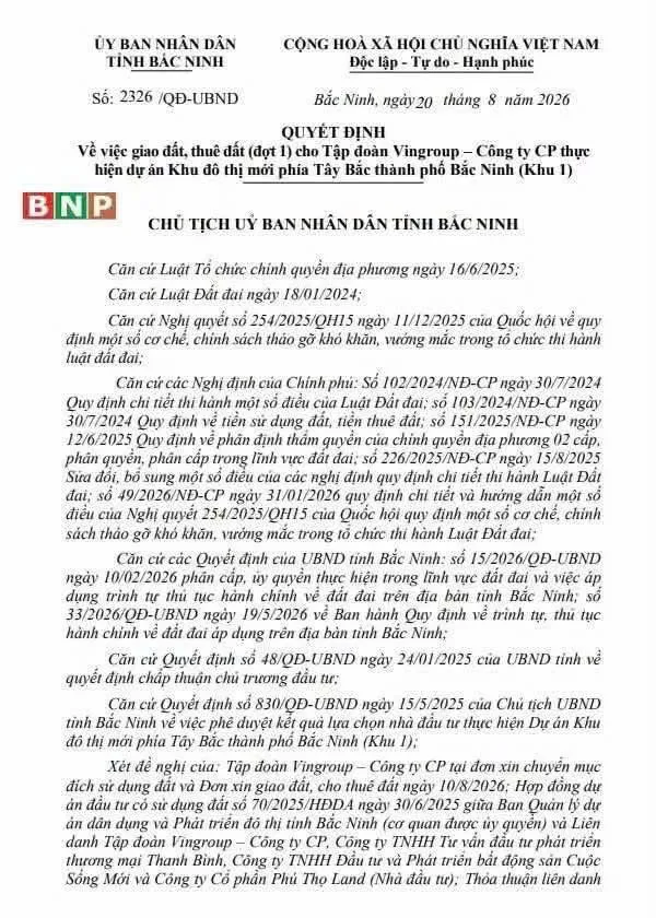 Trang 1 Quyết định 2326/QĐ-UBND của Chủ tịch UBND tỉnh Bắc Ninh, ký ngày 20/8/2026 Quyết định 2326/QĐ-UBND giao đất đợt 1 dự án Vinhomes King Park ngày 20/8/2026