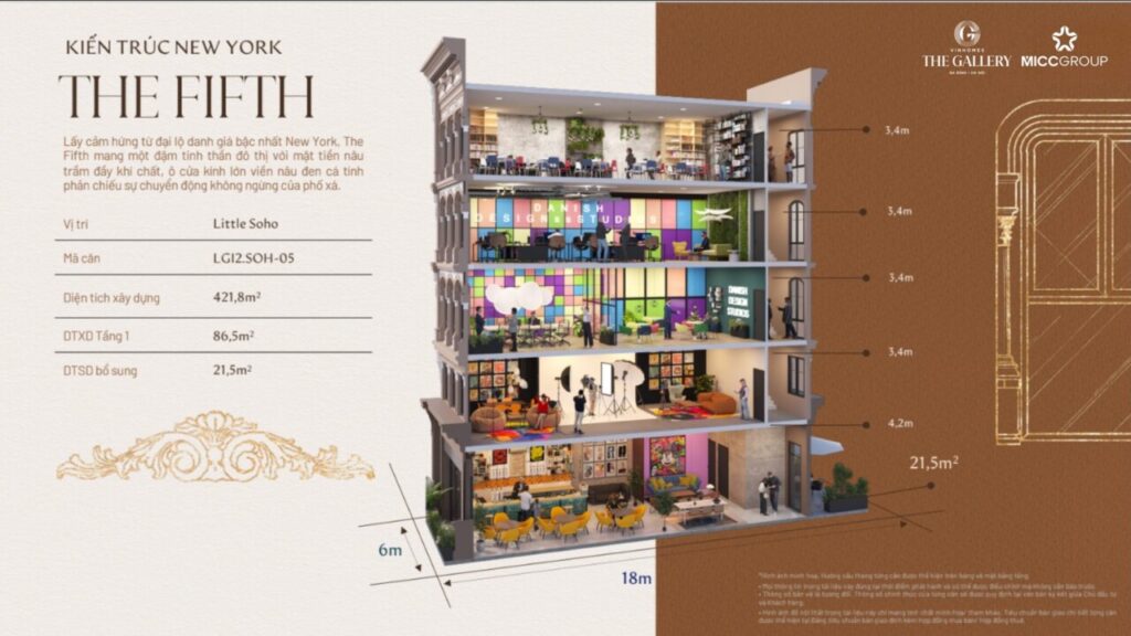 Mặt cắt minh họa căn thấp tầng 5 tầng kiểu New York The Fifth tại Little Soho, tầng 1 quán cà phê và các tầng trên làm studio, văn phòng