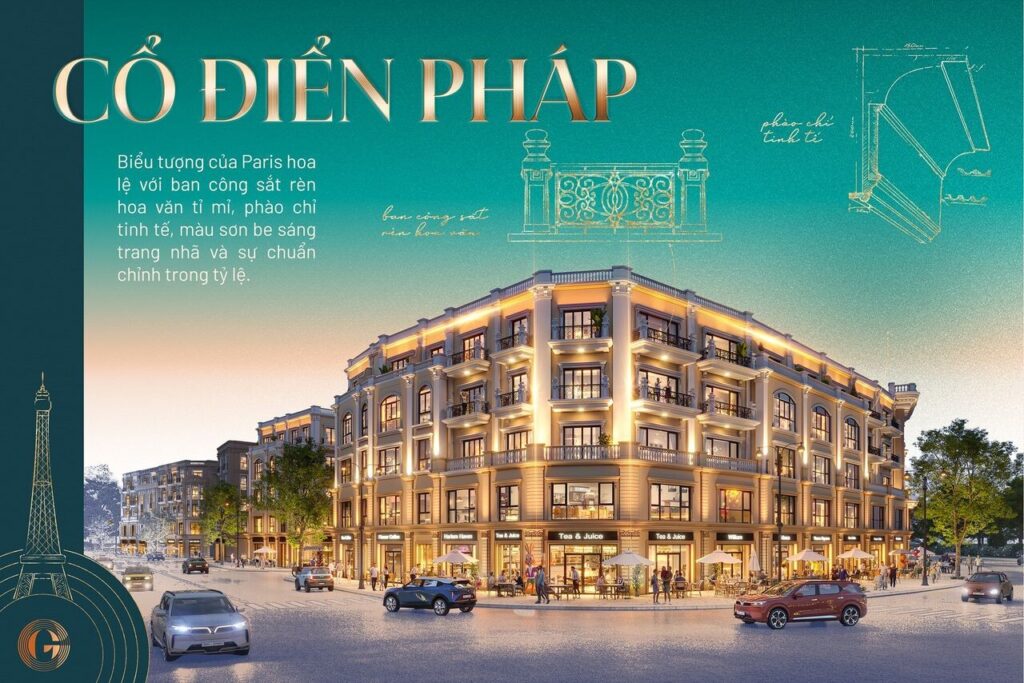 Phối cảnh phong cách Cổ điển Pháp tại Vinhomes The Gallery, căn góc 5 tầng với ban công sắt rèn