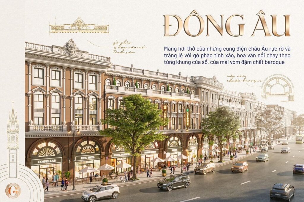 Phối cảnh phong cách kiến trúc Đông Âu của Vinhomes The Gallery với mặt tiền baroque và quán cà phê tầng trệt