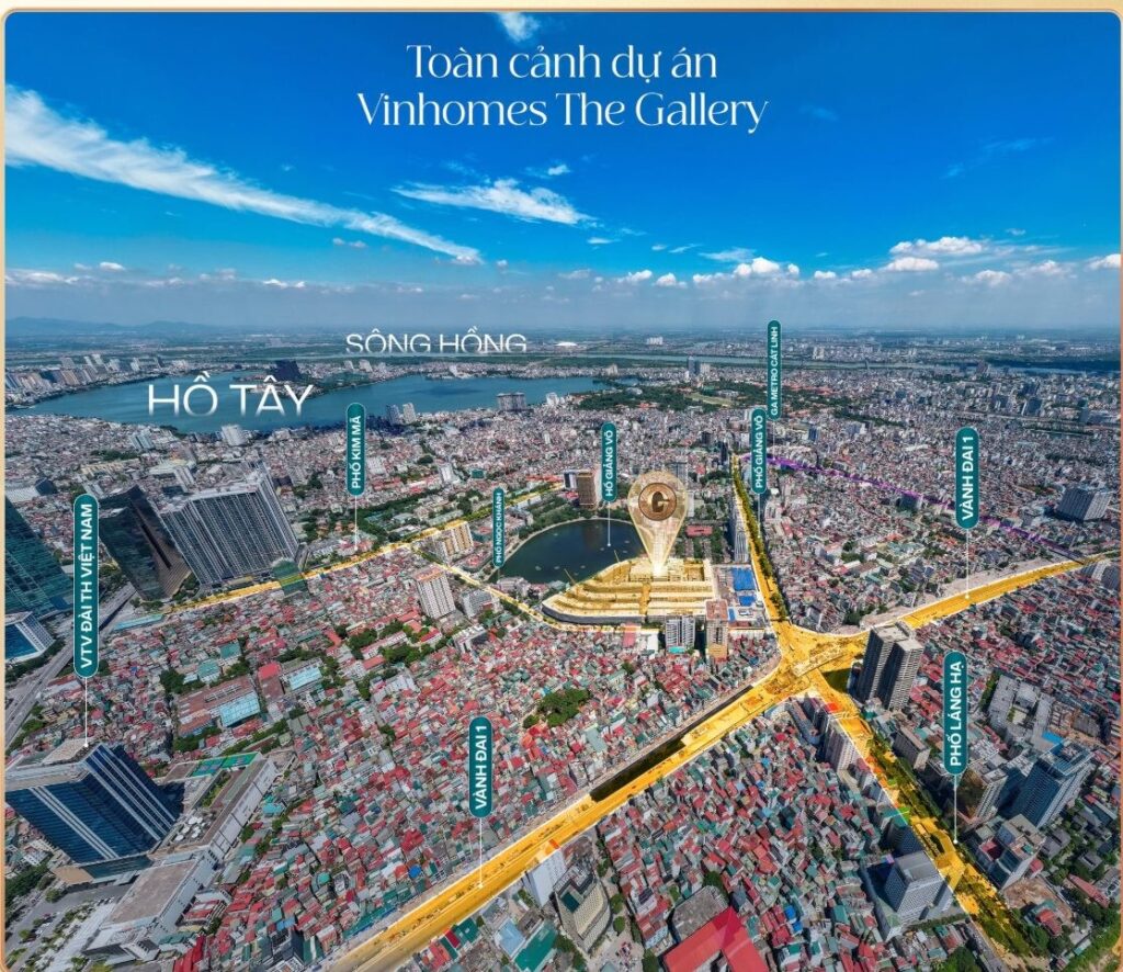 Vị trí dự án nhìn từ trên cao, phía xa là Hồ Tây và sông Hồng Ảnh flycam toàn cảnh Vinhomes The Gallery Giảng Võ nhìn về Hồ Tây và sông Hồng